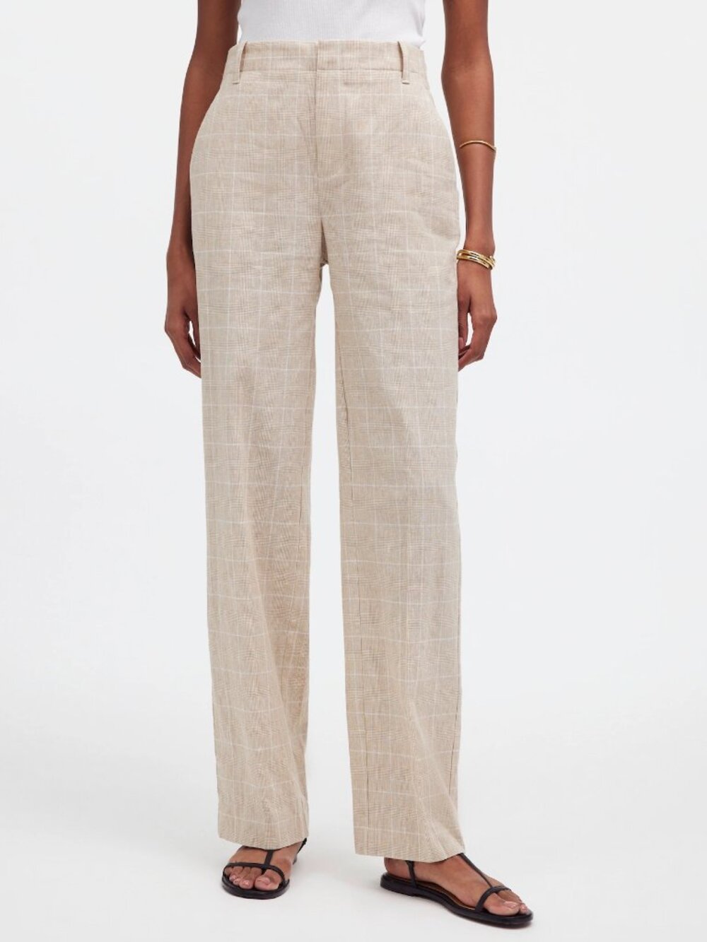 Madewell Beige Glen Plaid Linen Blend Mid-Rise Straight Leg Pants
